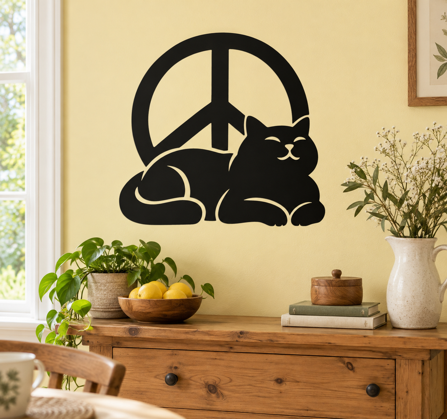 Black peace sign and cat vinyl decal, lounging cat silhouette