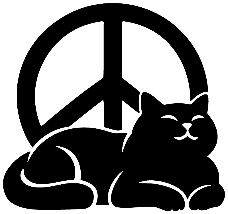 Black peace sign with lounging cat vinyl decal, bold silhouette