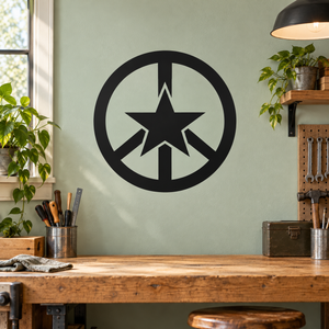Black peace symbol and star vinyl decal in a circular design