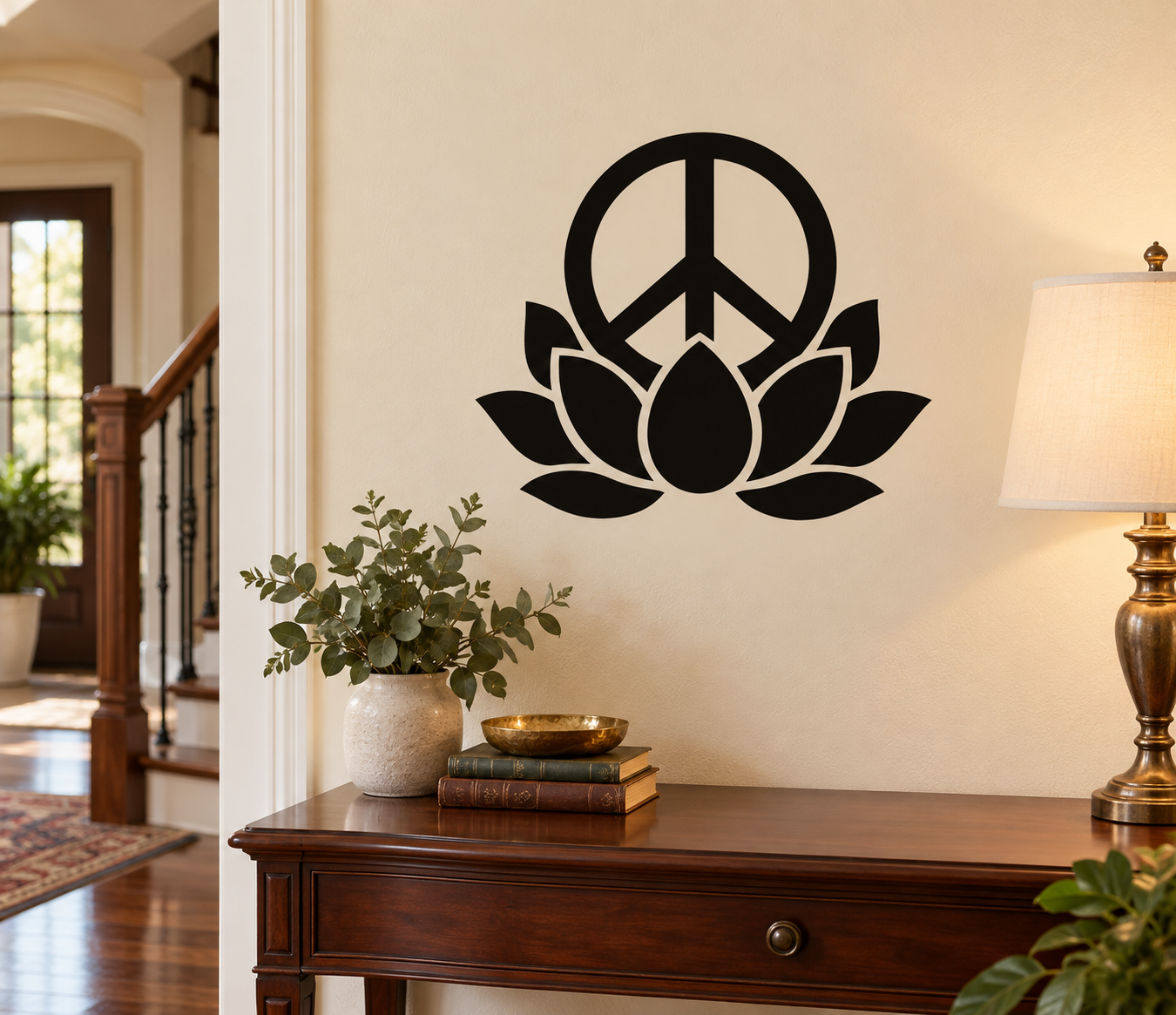 Vinyl wall decal with black peace symbol and lotus flower design