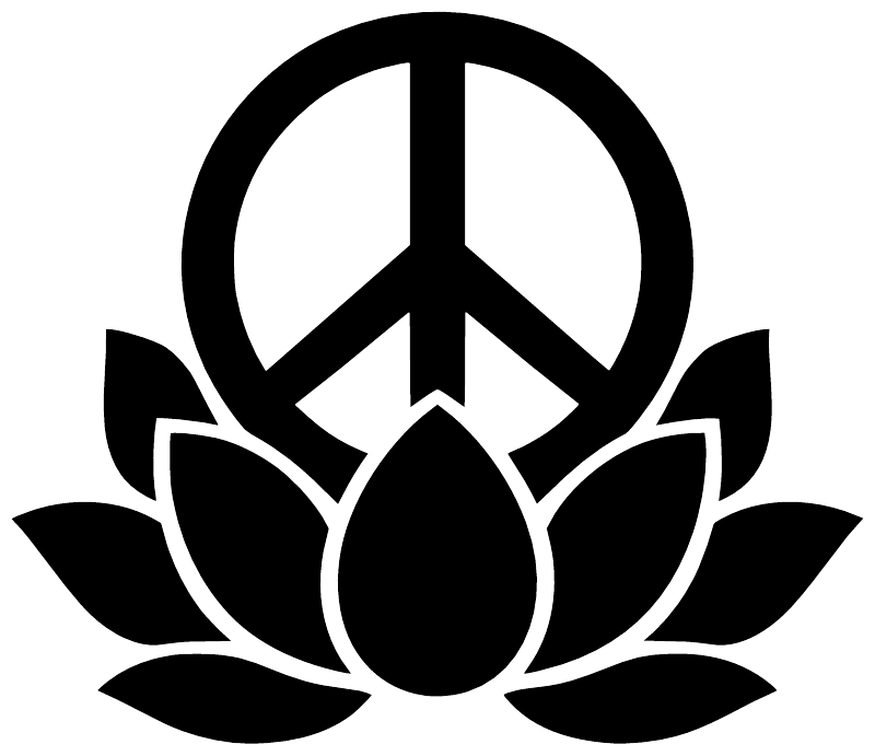 Close-up vinyl decal of black peace symbol over lotus flower