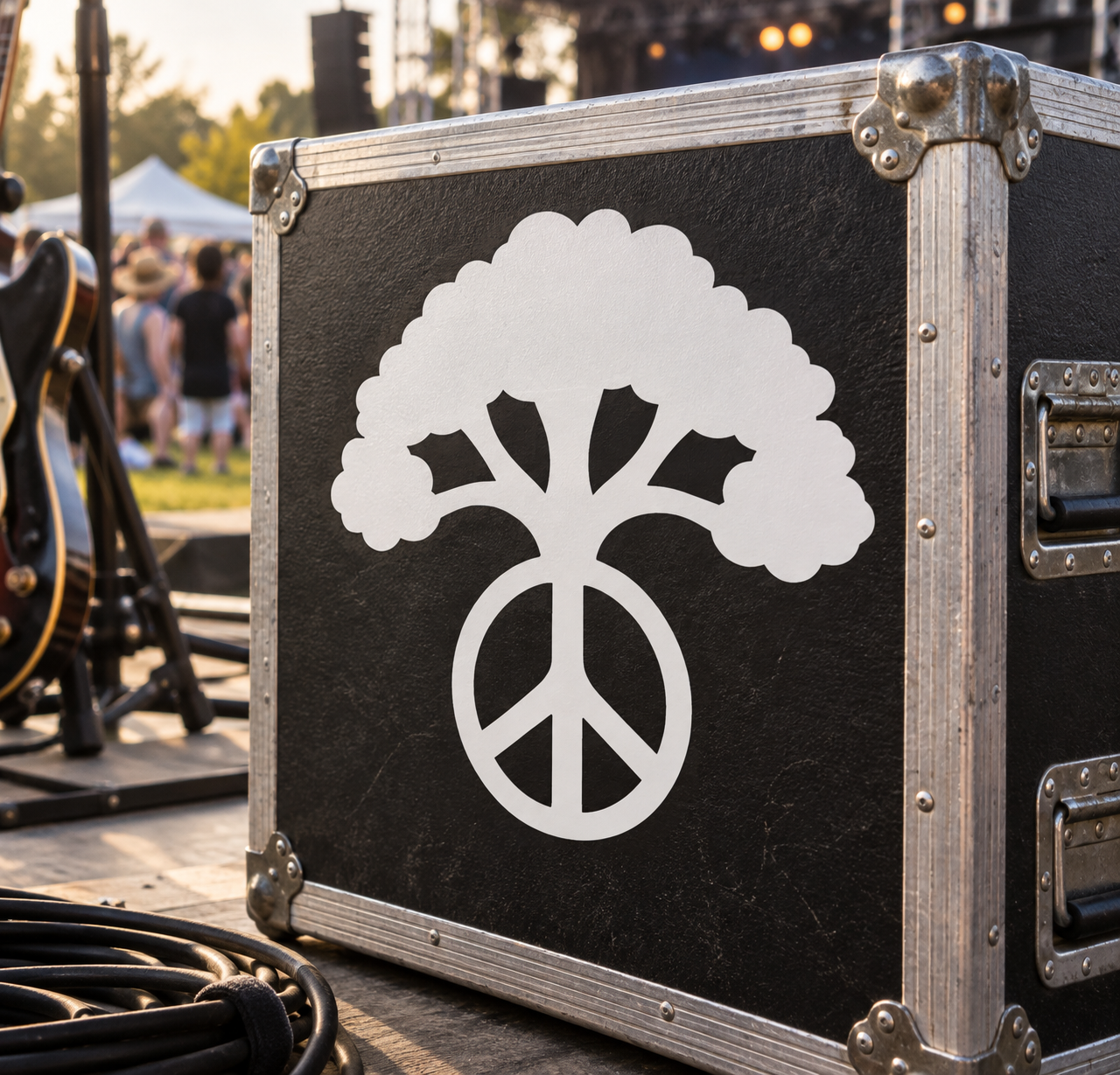 Peace symbol and tree vinyl decal, white peace emblem with tree canopy on a dark surface