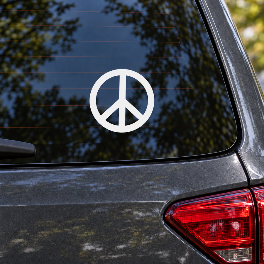 White peace sign vinyl decal with rounded outer ring and vertical peace symbol