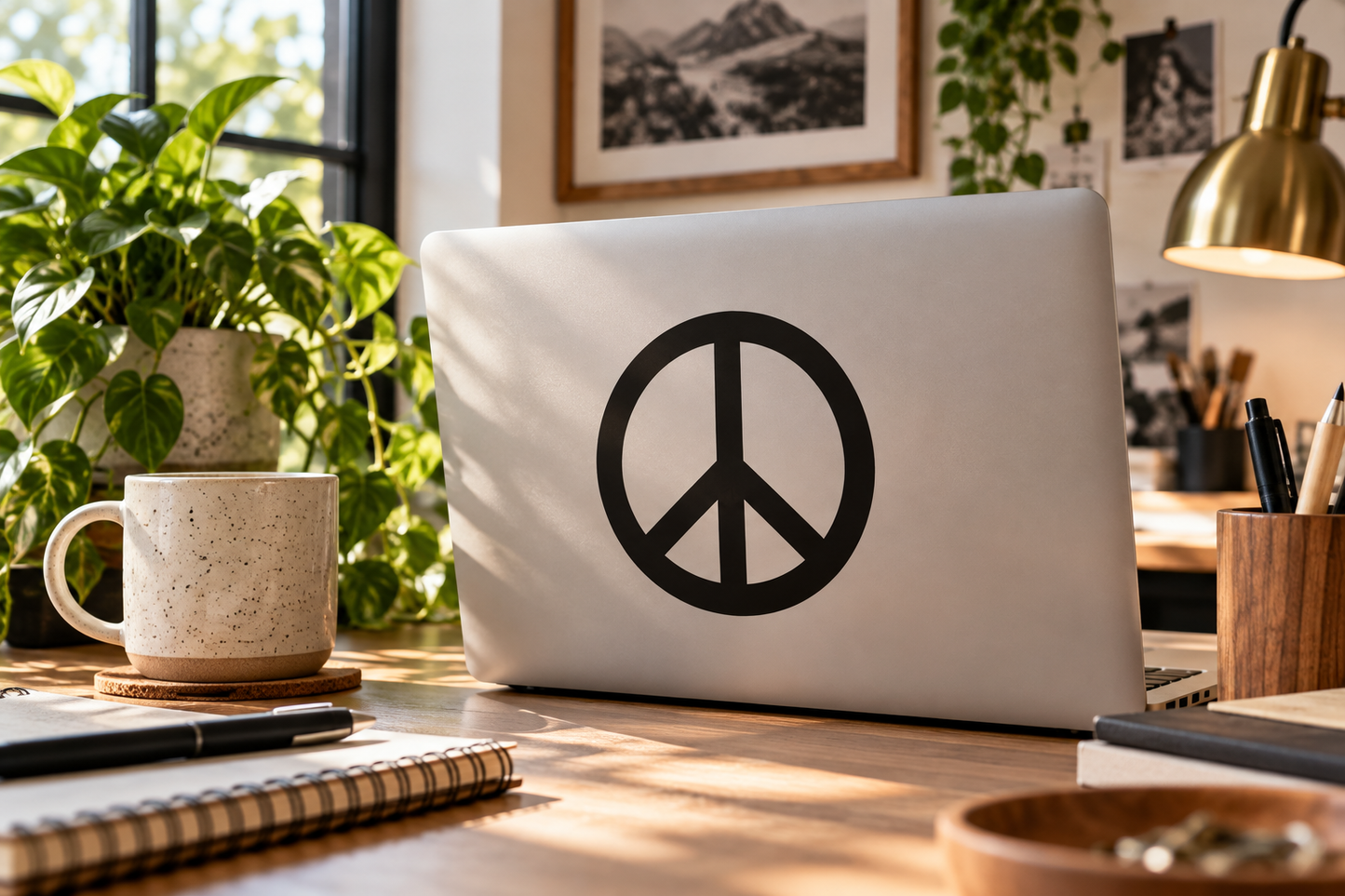 Black peace sign circle vinyl decal with three-prong peace symbol