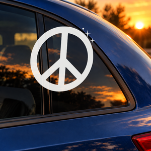 White peace sign decal with peace symbol lines and small sparkle stars on car