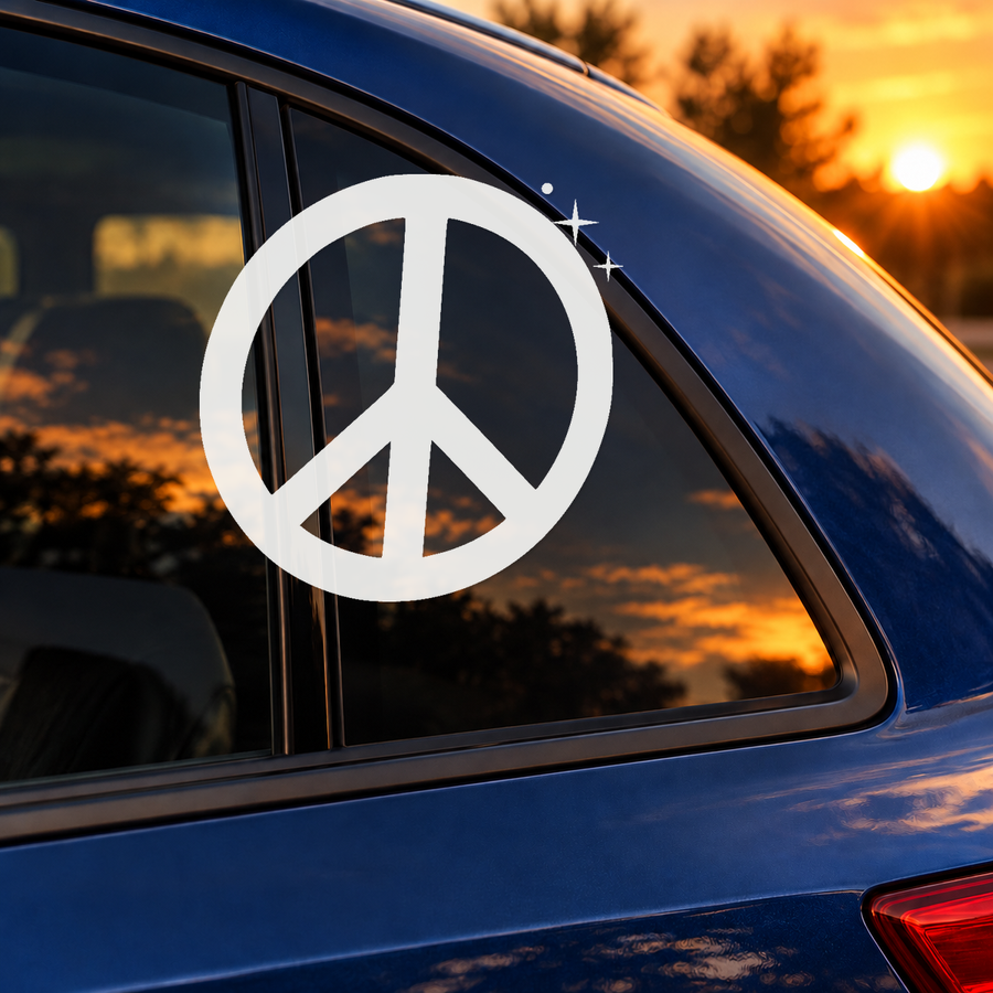White peace sign decal with peace symbol lines and small sparkle stars on car