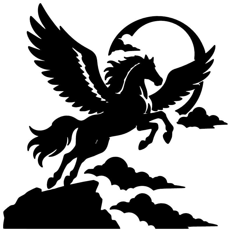 Pegasus vinyl decal sticker: black silhouette of flying horse with wings and clouds