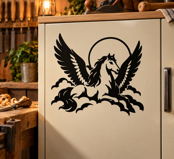 Black pegasus with wings vinyl decal over cloud swirls