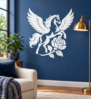 White pegasus wing emblem vinyl decal with rose at center
