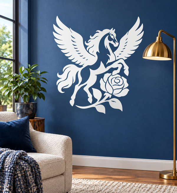 White pegasus wing emblem vinyl decal with rose at center