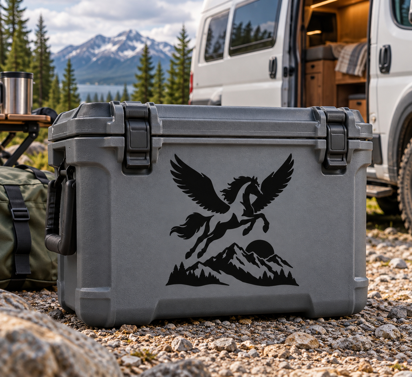 Pegasus vinyl decal with wings and mountain scene on gray hard case
