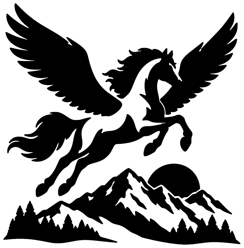 Pegasus vinyl decal: black winged horse over mountains and forest silhouettes