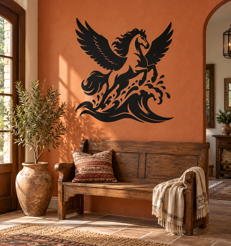 Black pegasus with spread wings and ocean wave swirls vinyl wall decal