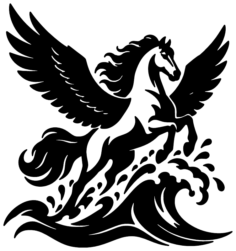 Black pegasus head and wings over ocean wave swirl vinyl decal