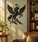 Pegasus vinyl decal with star halo, spread wings, and cloud base, black silhouette