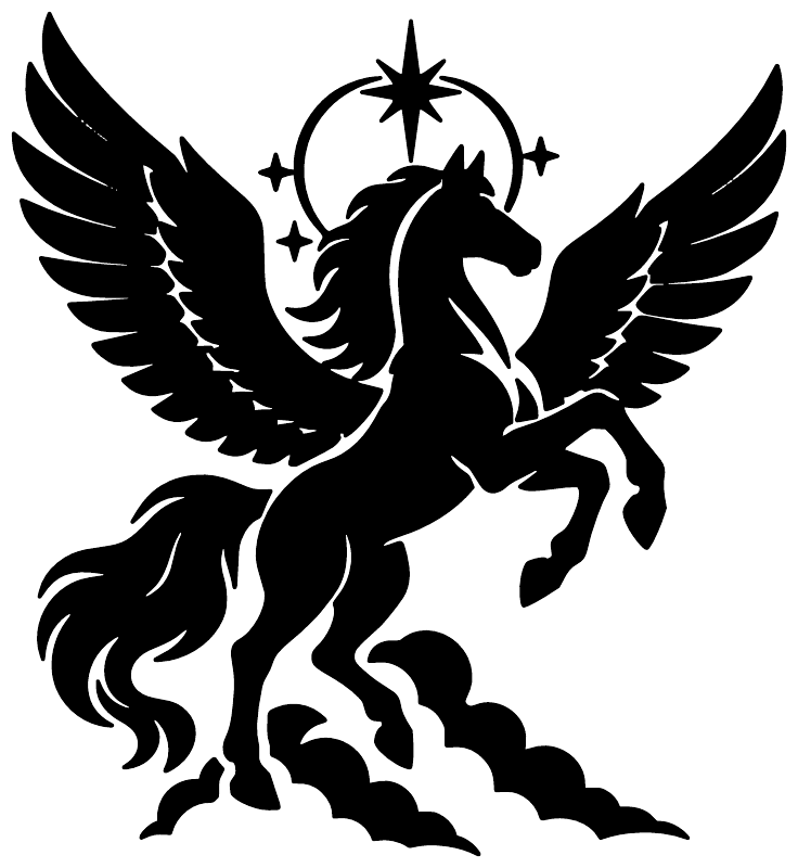Close-up pegasus vinyl decal with star halo, outstretched wings, and cloud shapes