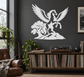Pegasus vinyl wall decal, white silhouette of winged horse with flowing mane and branching trees