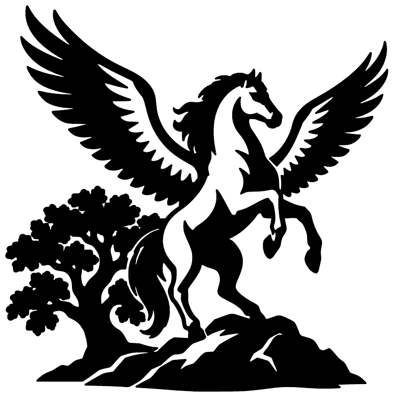 Pegasus vinyl decal silhouette, black winged horse rearing over small branches and rocks