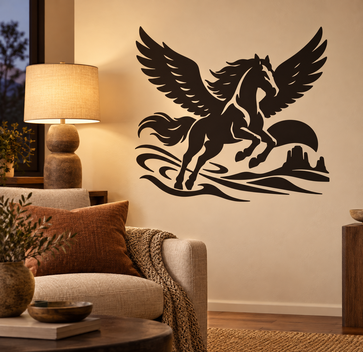 Black flying pegasus wing vinyl wall decal with flowing mane and tail