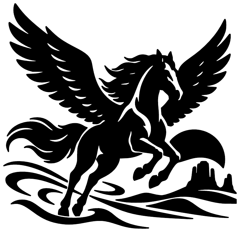 Black pegasus with spread wings vinyl wall decal, stylized profile