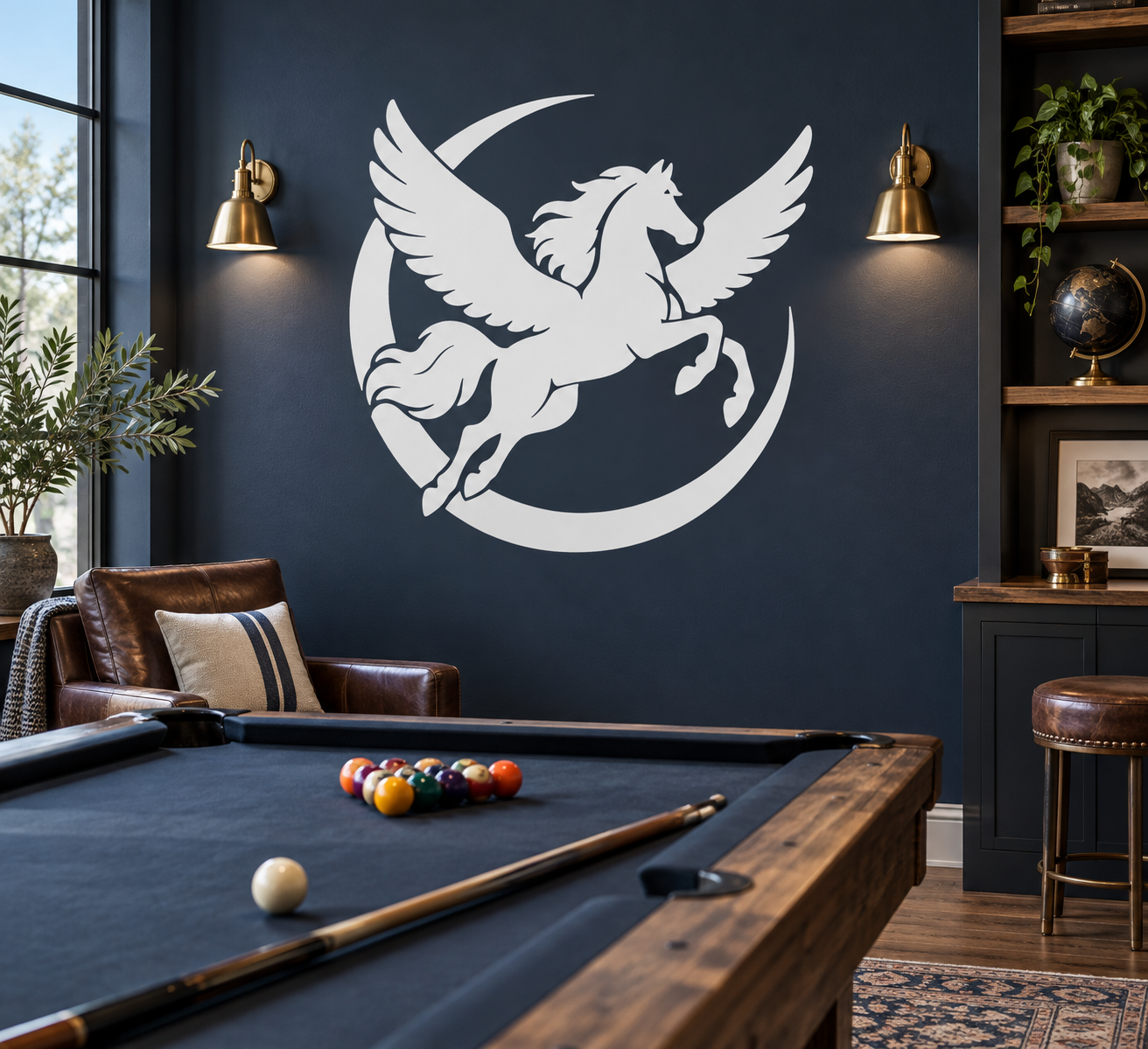 White Pegasus portrait vinyl decal in a crescent moon shape