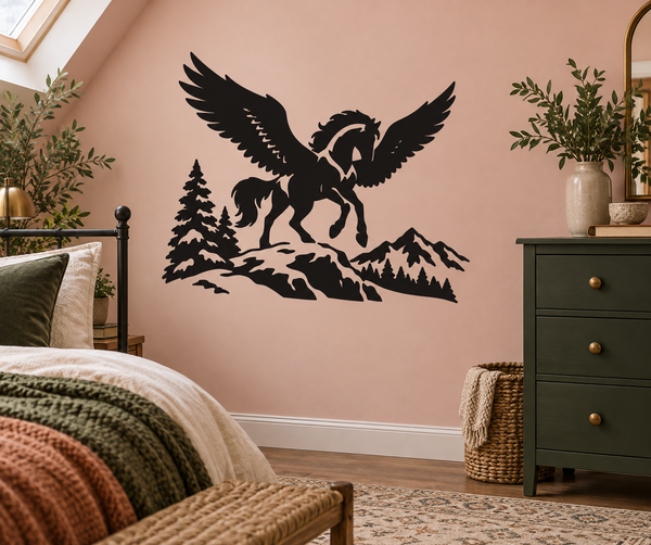 Black pegasus vinyl decal with pine trees, mountains, and snow scene