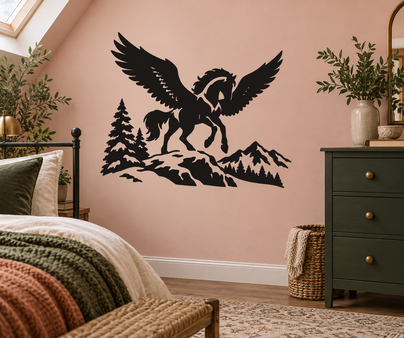 Black pegasus vinyl decal with pine trees, mountains, and snow scene