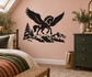 Black pegasus vinyl decal with pine trees, mountains, and snow scene