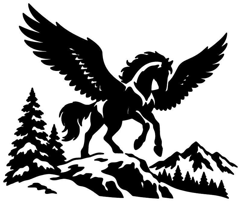 Black pegasus vinyl decal featuring wings, pines, and mountain landscape