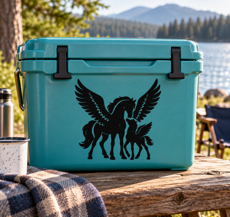 Black pegasus and foal vinyl decal on teal cooler, wings spread.