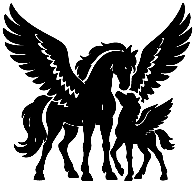 Black pegasus and foal vinyl decal, detailed wings and silhouettes on white.