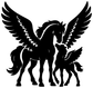 Black pegasus and foal vinyl decal, detailed wings and silhouettes on white.