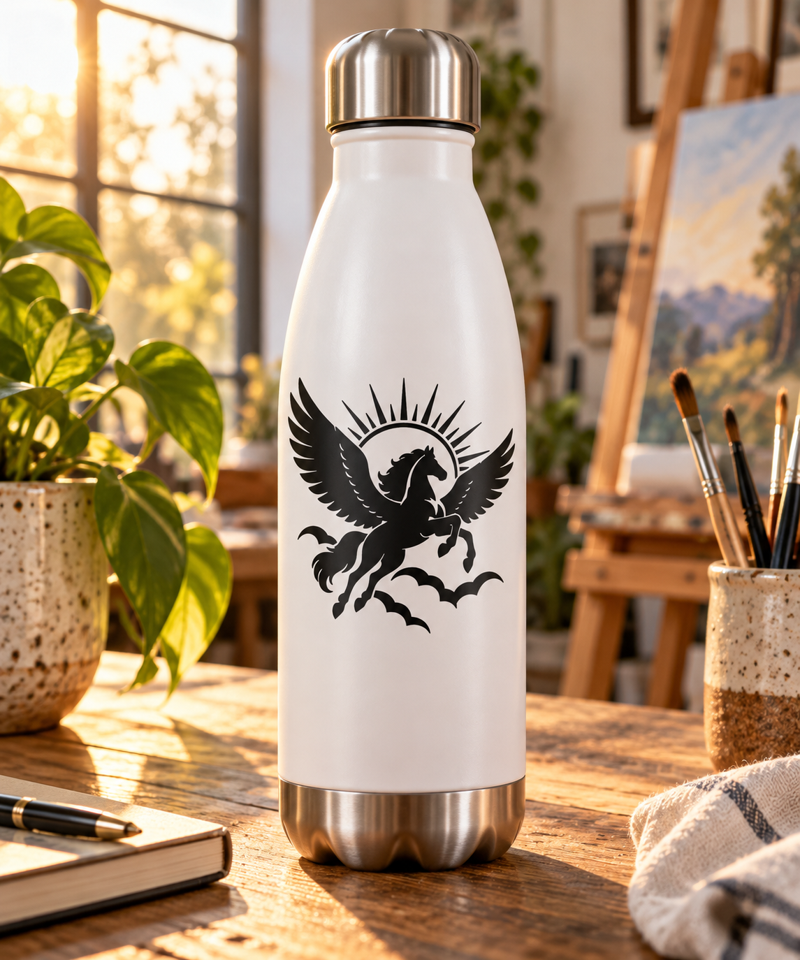 White water bottle with black Pegasus wing vinyl decal and brushed metal lid