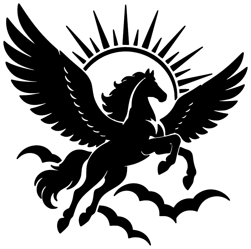 Black Pegasus wing vinyl decal with sunburst and clouds background