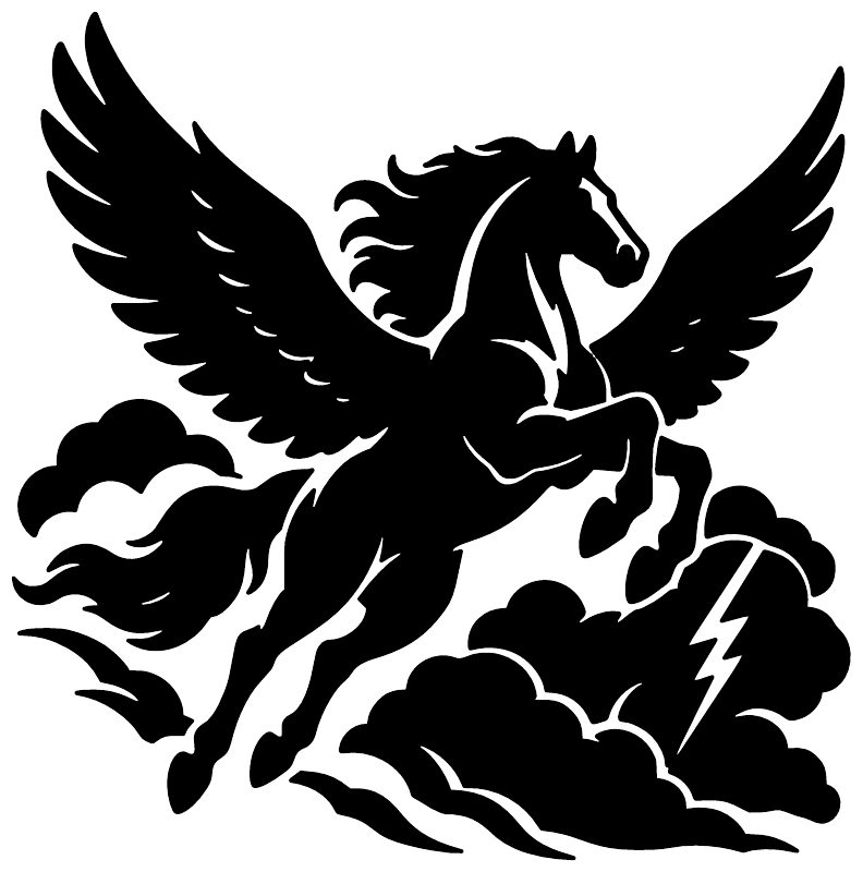 Close-up vinyl decal graphic: black Pegasus with wings over clouds and lightning.