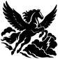 Close-up vinyl decal graphic: black Pegasus with wings over clouds and lightning.