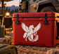 Shield and wings crest vinyl decal with white Pegasus silhouette and shield on red surface