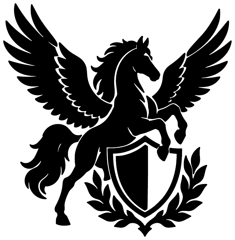 Pegasus wing crest vinyl decal in black silhouette with shield and laurel leaves