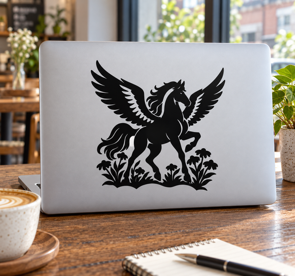 Wildflower Pegasus vinyl decal, black winged horse silhouette on light surface