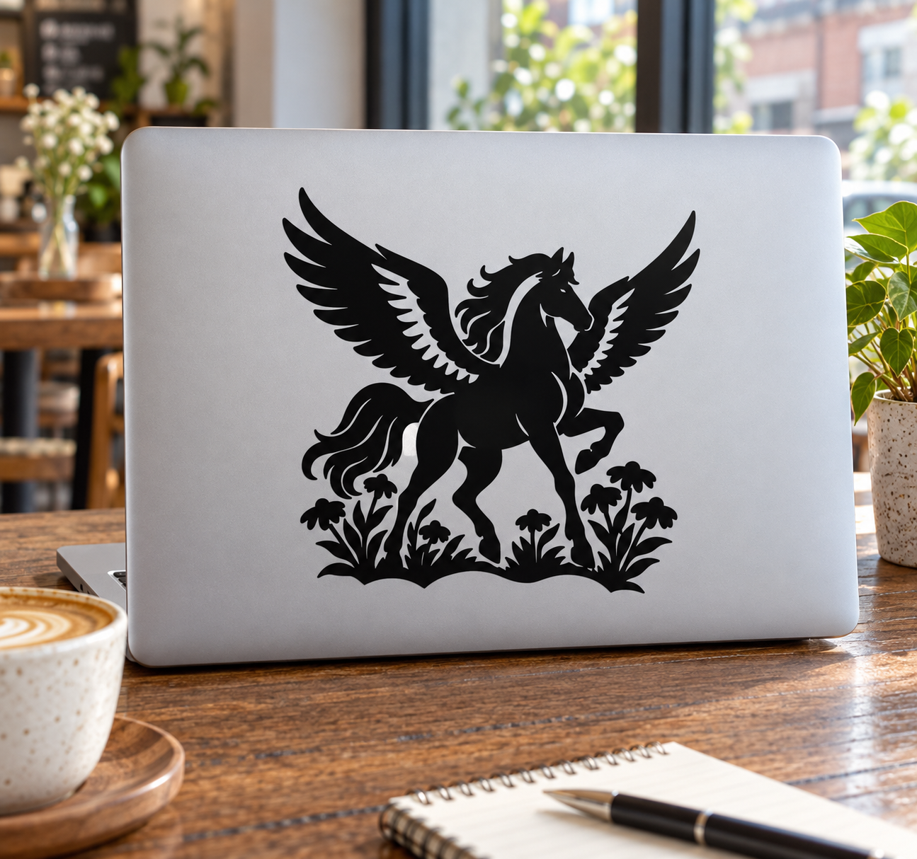 Wildflower Pegasus vinyl decal, black winged horse silhouette on light surface