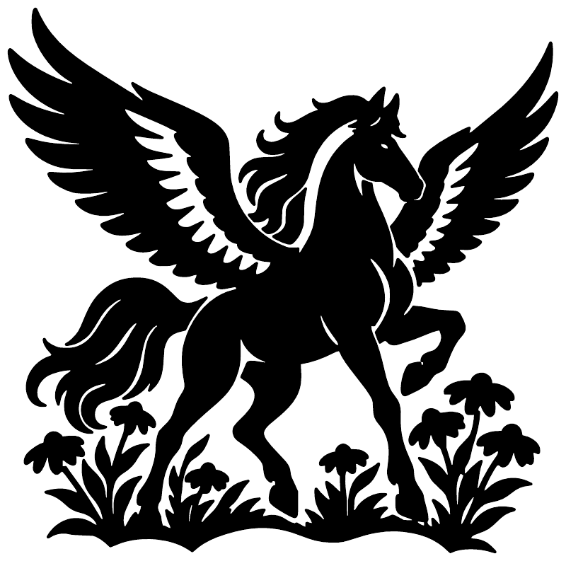 Wildflower Pegasus vinyl decal close-up, black pegasus with wings and floral border