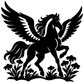 Wildflower Pegasus vinyl decal close-up, black pegasus with wings and floral border