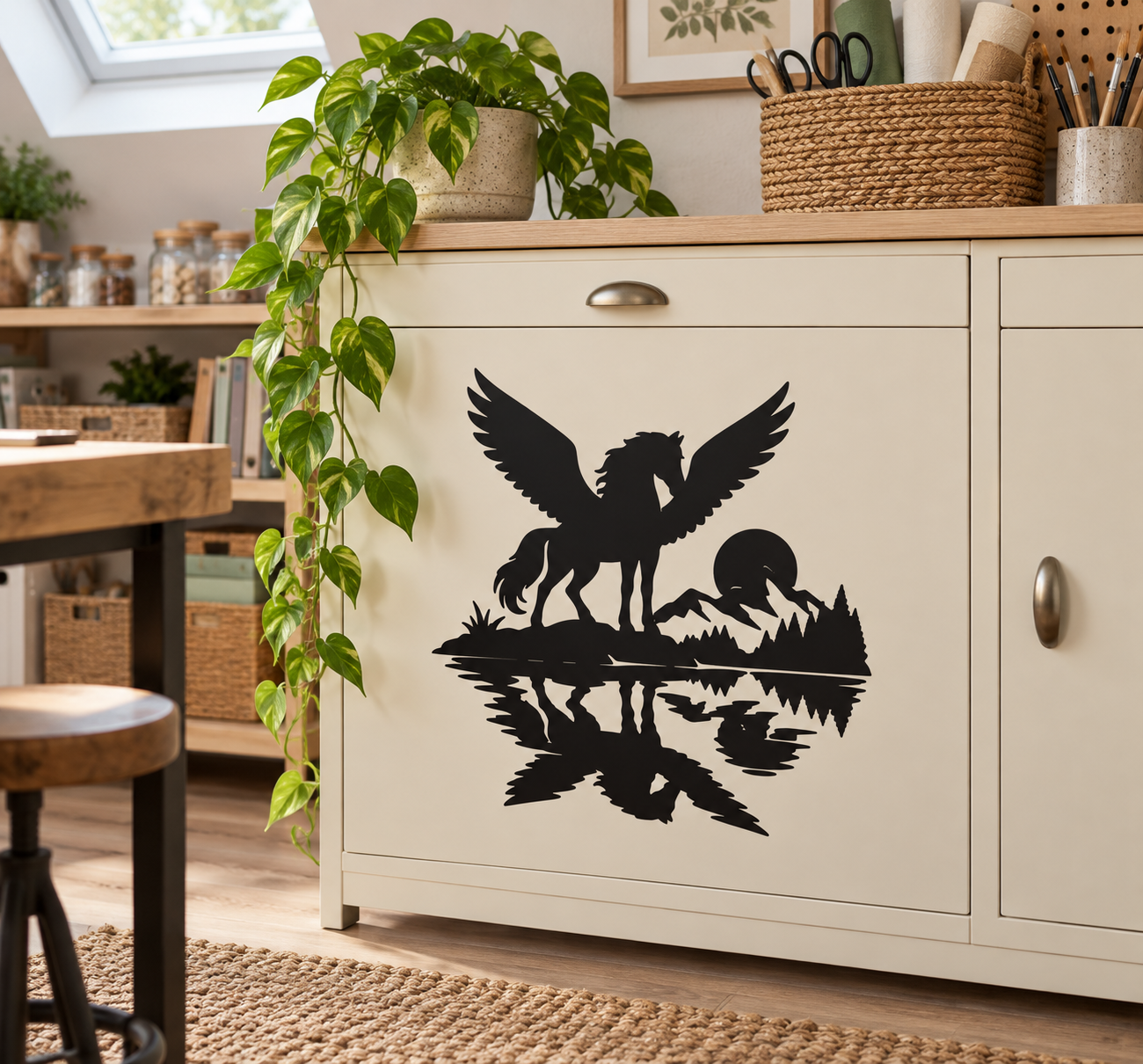 Black pegasus reflection vinyl decal silhouette on a cabinet door panel
