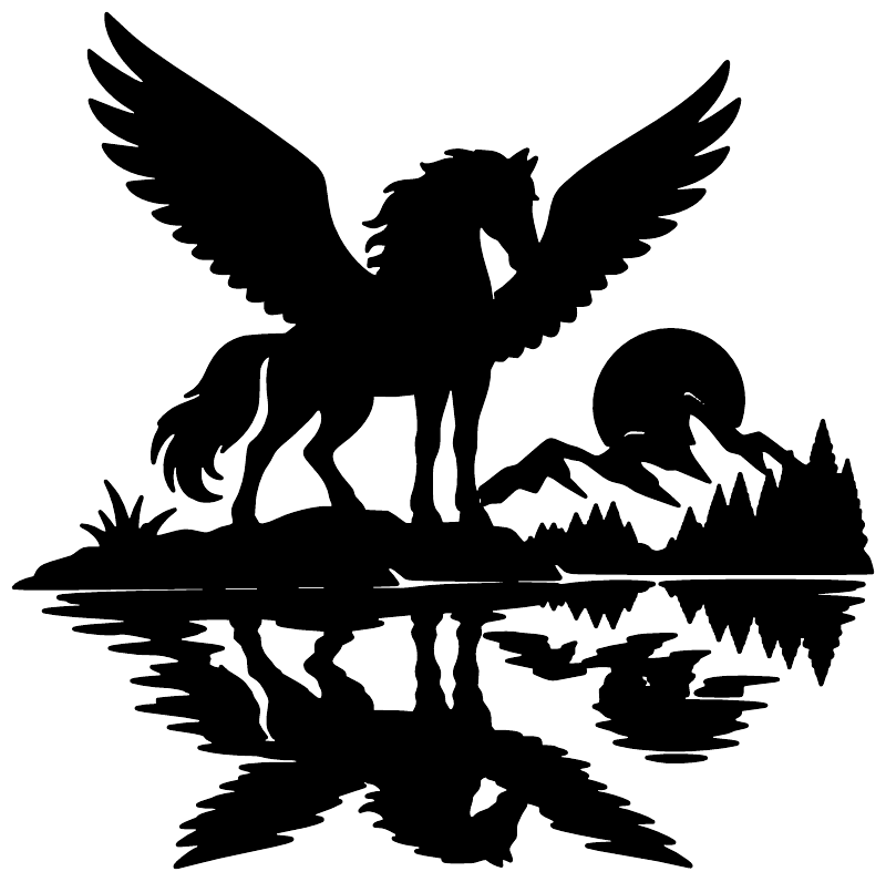 Black pegasus silhouette vinyl decal with mirrored reflection