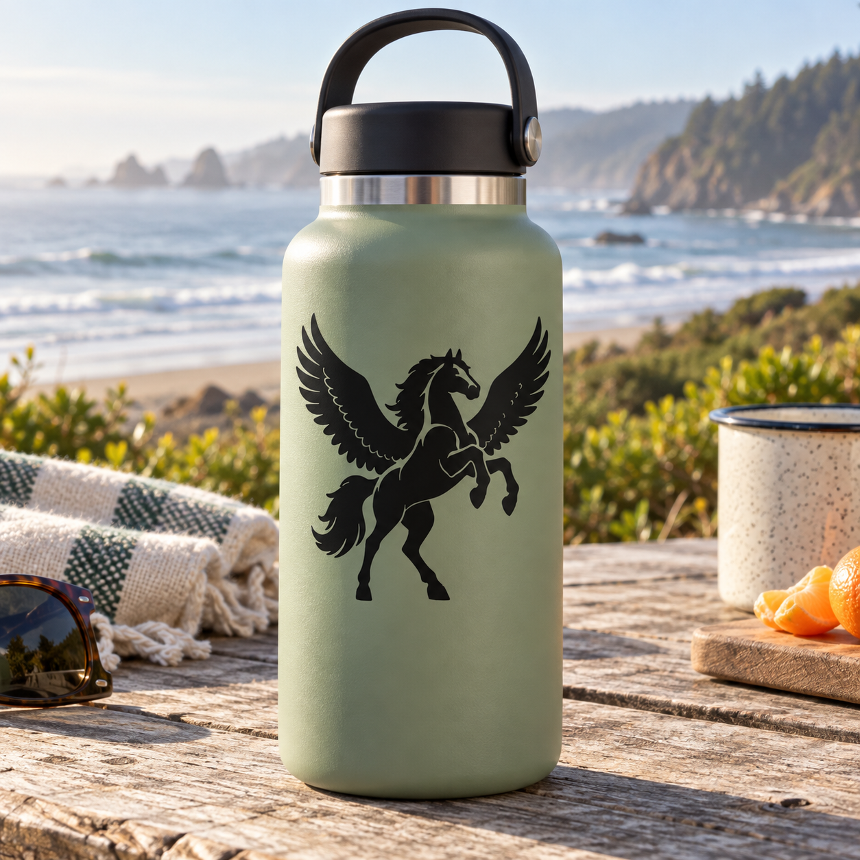 Vinyl decal of a black winged pegasus on a light green bottle, centered