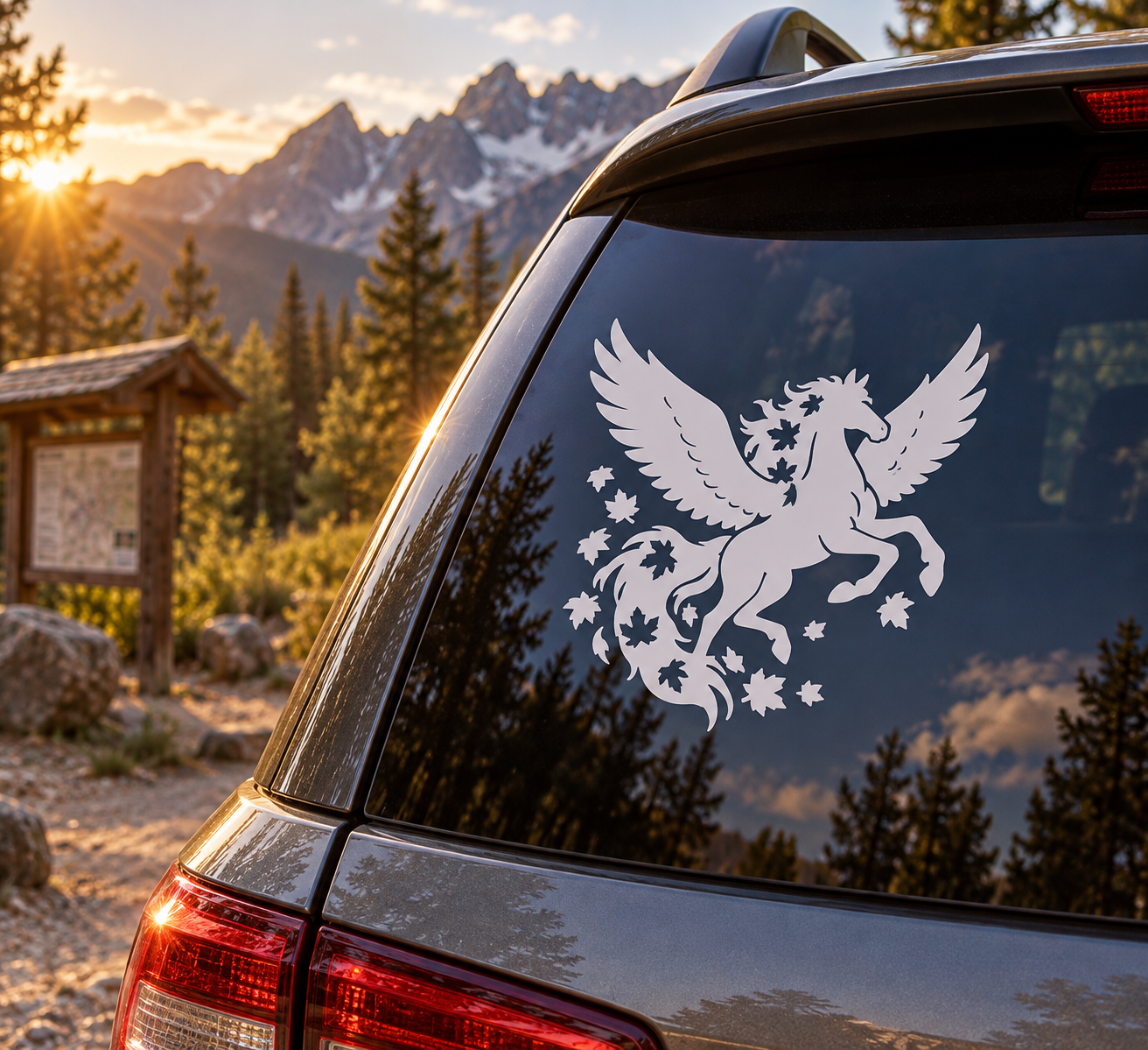 White pegasus vinyl decal with autumn leaves on a car window