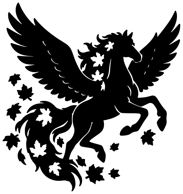 Black pegasus vinyl decal silhouette surrounded by autumn leaf shapes