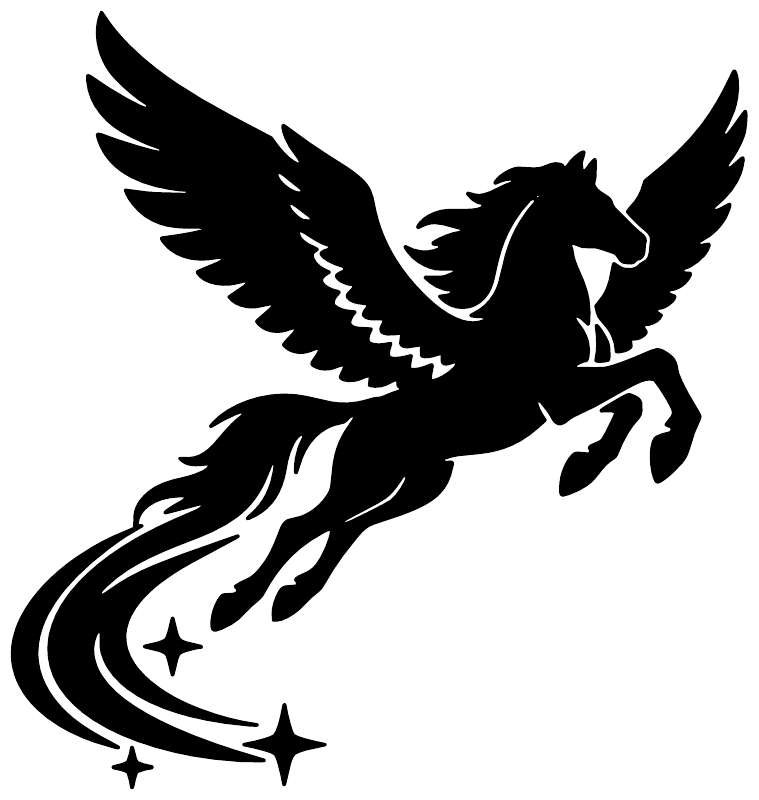 Black Pegasus flying vinyl decal with wings spread and comet tail star accents