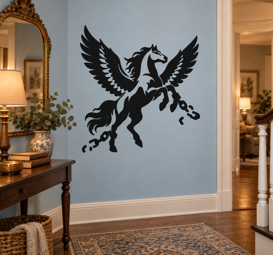 Black pegasus vinyl wall decal with wings and broken chain links