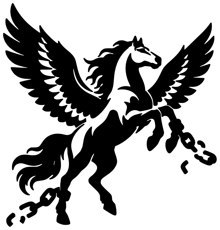 Black and white pegasus vinyl decal with spread wings and broken chain